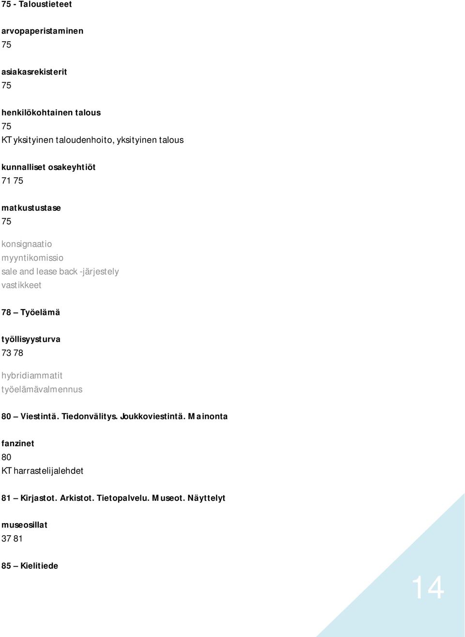 vastikkeet 78 Työelämä työllisyysturva 73 78 hybridiammatit työelämävalmennus 80 Viestintä. Tiedonvälitys. Joukkoviestintä.