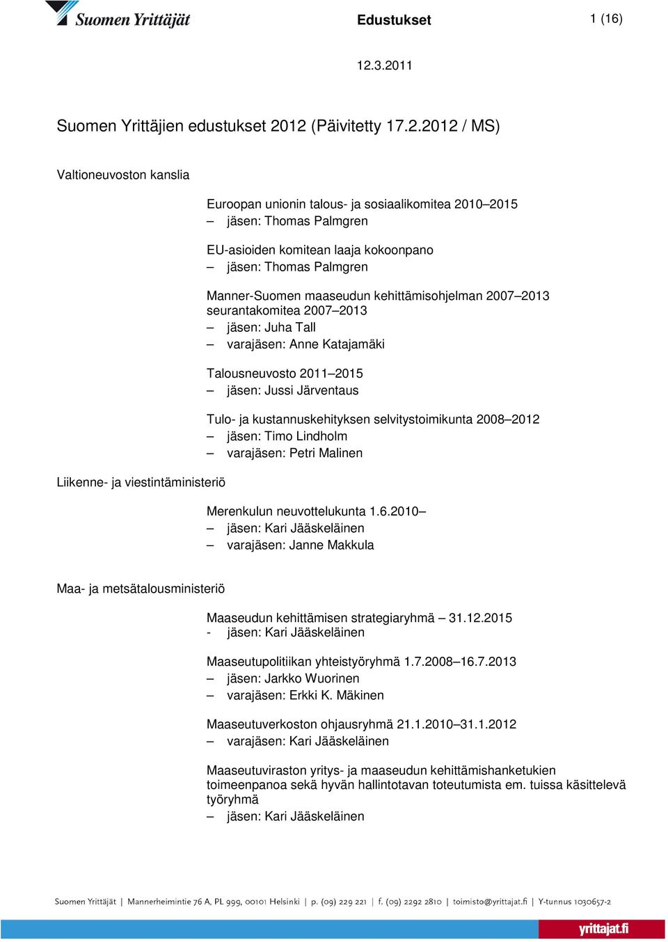 maaseudun kehittämisohjelman 2007 2013 seurantakomitea 2007 2013 jäsen: Juha Tall varajäsen: Anne Katajamäki Talousneuvosto 2011 2015 jäsen: Jussi Järventaus Tulo- ja kustannuskehityksen