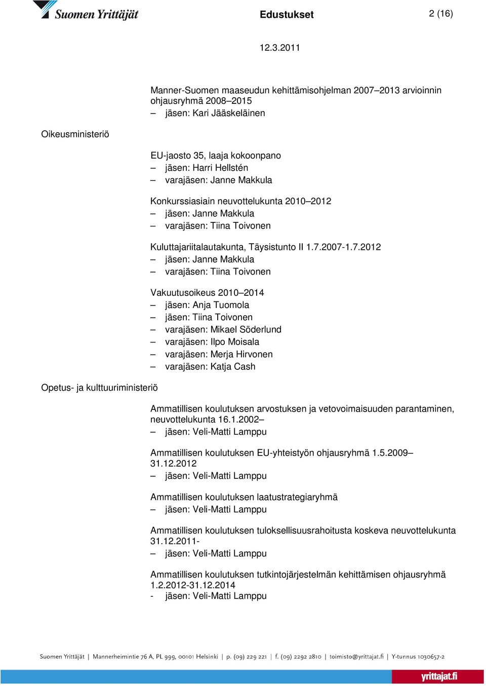 2007-1.7.2012 Vakuutusoikeus 2010 2014 jäsen: Anja Tuomola jäsen: Tiina Toivonen varajäsen: Mikael Söderlund varajäsen: Ilpo Moisala varajäsen: Katja Cash Ammatillisen koulutuksen arvostuksen ja