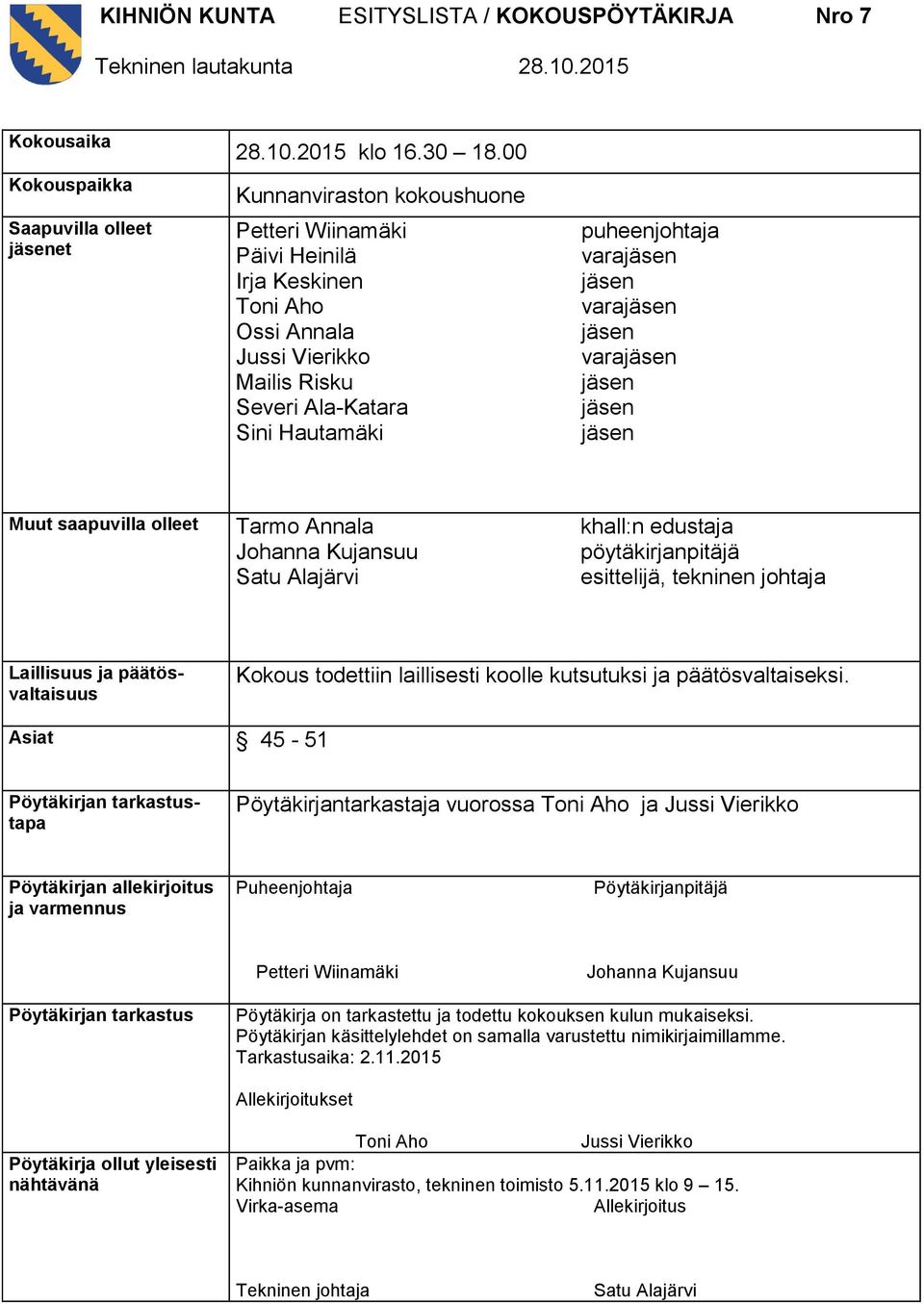 jäsen varajäsen jäsen jäsen jäsen Muut saapuvilla olleet Tarmo Annala Johanna Kujansuu Satu Alajärvi khall:n edustaja pöytäkirjanpitäjä esittelijä, tekninen johtaja Laillisuus ja päätösvaltaisuus