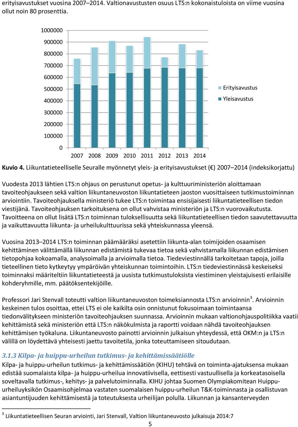 Liikuntatieteelliselle Seuralle myönnetyt yleis- ja erityisavustukset ( ) 2007 2014 (indeksikorjattu) Vuodesta 2013 lähtien LTS:n ohjaus on perustunut opetus- ja kulttuuriministeriön aloittamaan