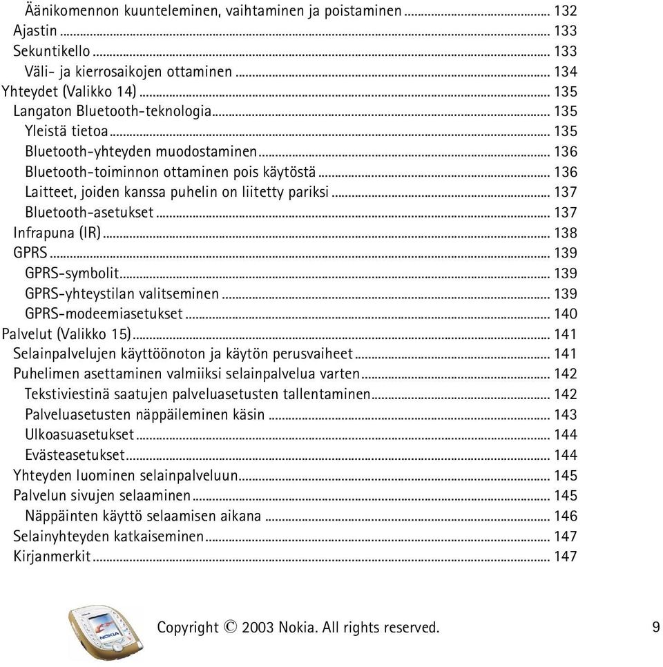 .. 137 Infrapuna (IR)... 138 GPRS... 139 GPRS-symbolit... 139 GPRS-yhteystilan valitseminen...139 GPRS-modeemiasetukset... 140 Palvelut (Valikko 15).