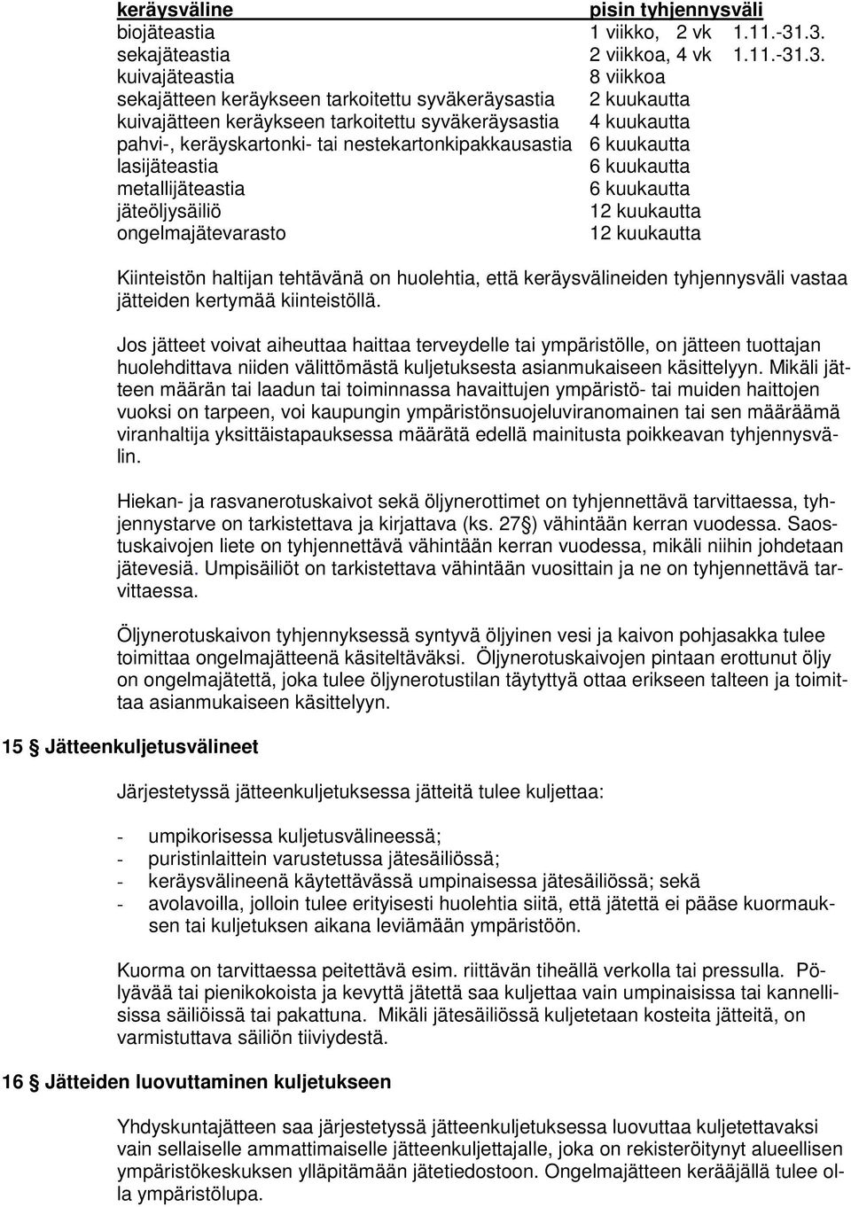 pahvi-, keräyskartonki- tai nestekartonkipakkausastia 6 kuukautta lasijäteastia 6 kuukautta metallijäteastia 6 kuukautta jäteöljysäiliö 12 kuukautta ongelmajätevarasto 12 kuukautta Kiinteistön