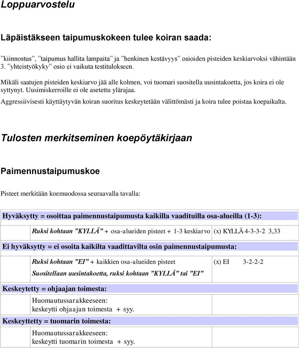 Uusimiskerroille ei ole asetettu ylärajaa. Aggressiivisesti käyttäytyvän koiran suoritus keskeytetään välittömästi ja koira tulee poistaa koepaikalta.