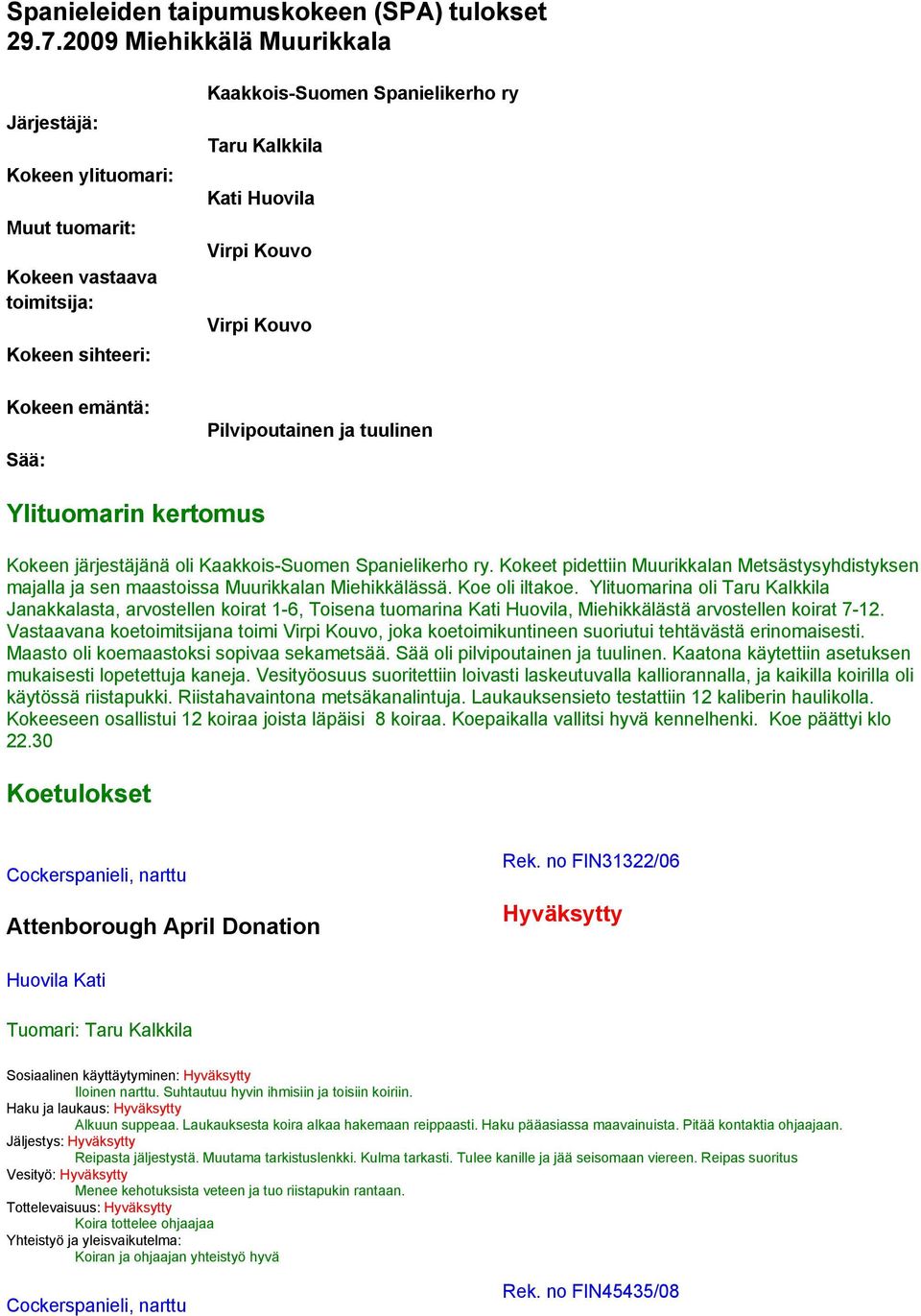 Virpi Kouvo Virpi Kouvo Pilvipoutainen ja tuulinen Ylituomarin kertomus Kokeen järjestäjänä oli Kaakkois-Suomen Spanielikerho ry.