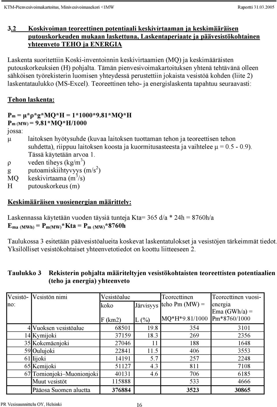 Tämän pienvesivoimakartoituksen yhtenä tehtävänä olleen sähköisen työrekisterin luomisen yhteydessä perustettiin jokaista vesistöä kohden (liite 2) laskentataulukko (MS-Excel).