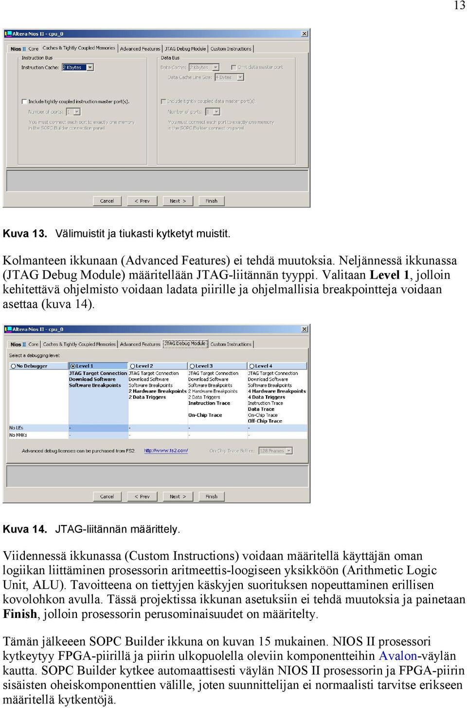 Viidennessä ikkunassa (Custom Instructions) voidaan määritellä käyttäjän oman logiikan liittäminen prosessorin aritmeettis-loogiseen yksikköön (Arithmetic Logic Unit, ALU).