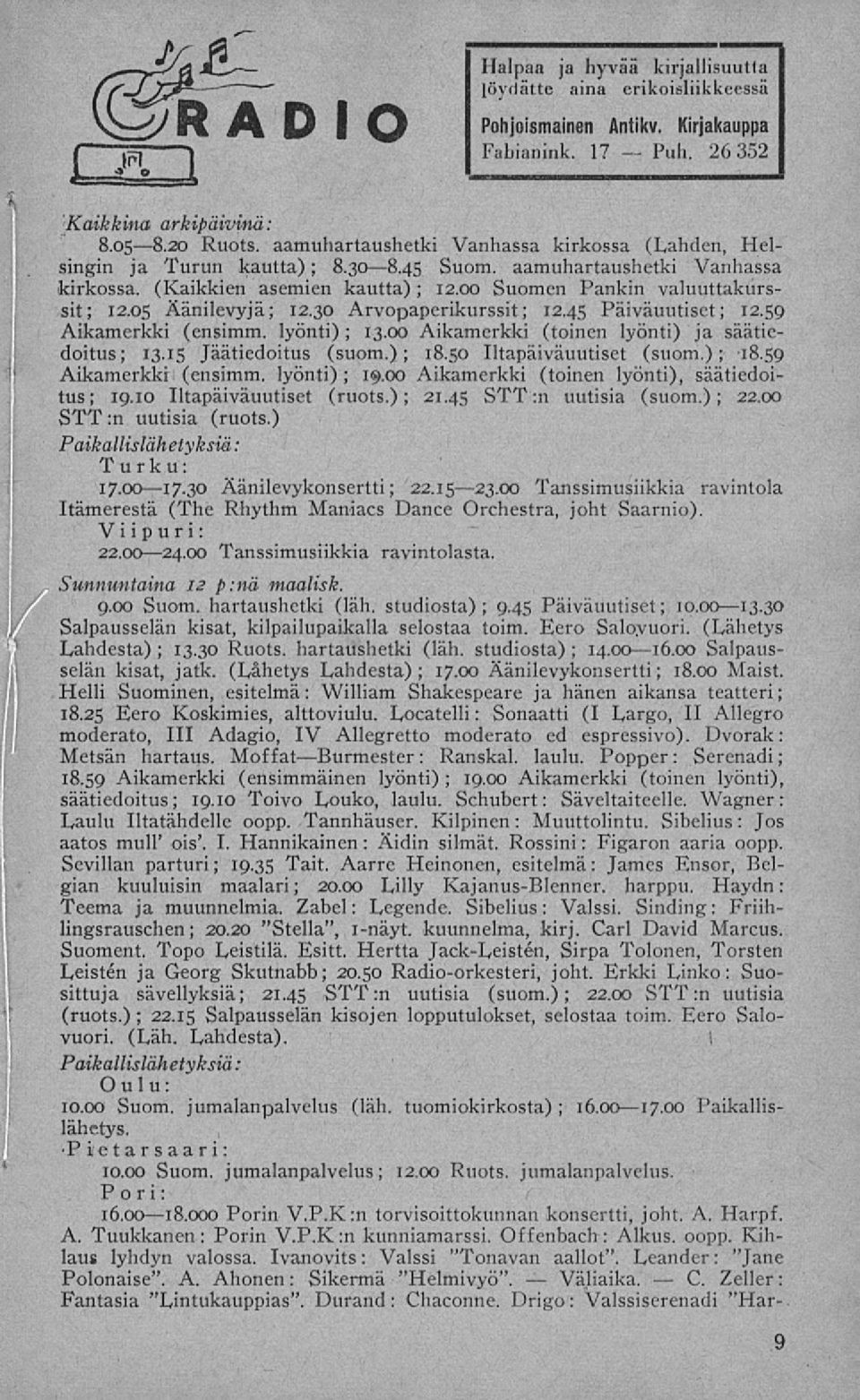 05 Äänilevyjä; 12.30 Arvopaperikurssit; 12.45 Päiväuutiset; 12.59 Aikamerkki (ensimm. lyönti) ; 13.00 Aikamerkki (toinen lyönti) ja säätiedoitus ; 13.15 Jäätiedoitus (suom.) ; 18.