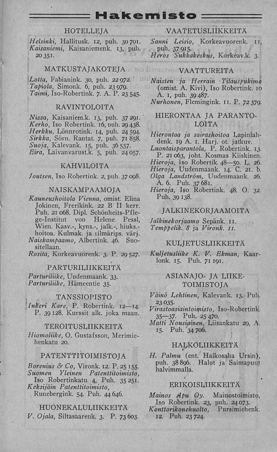 36 557. Eira, Laivanvarust.k. 5, puh. 24 057. KAHVILOITA Joutsen, Iso Robertink. 2, puh. 37 098. NAISKAMPAAMOJA Kauneushoitola Vienna, omist. Elina Jokinen, Frerikink. 22 B II kerr. Puh. 21 068. Dipl.