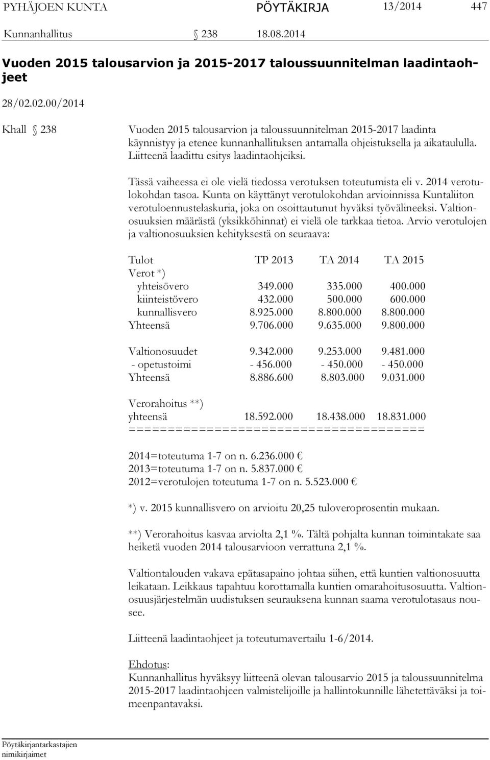 Liitteenä laadittu esitys laadintaohjeiksi. Tässä vaiheessa ei ole vielä tiedossa ve rotuksen toteutumista eli v. 2014 verotulokohdan tasoa.