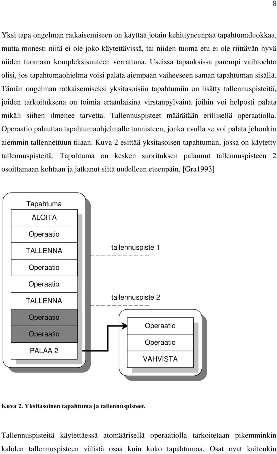 Tämän ongelman ratkaisemiseksi yksitasoisiin tapahtumiin on lisätty tallennuspisteitä, joiden tarkoituksena on toimia eräänlaisina virstanpylväinä joihin voi helposti palata mikäli siihen ilmenee