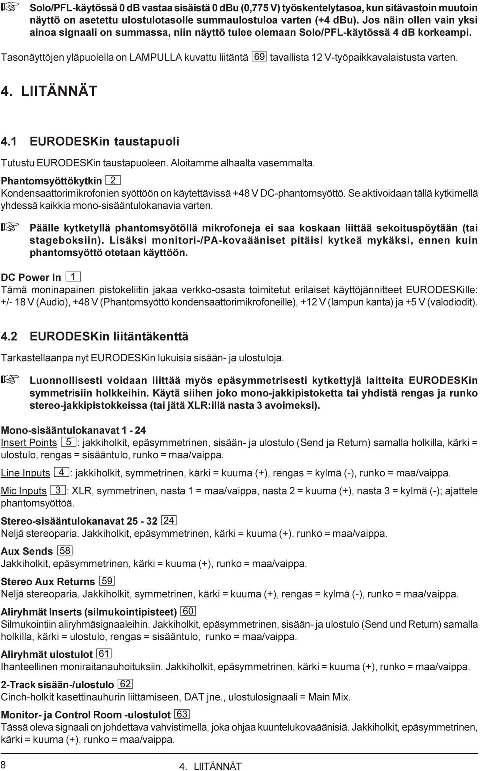Tasonäyttöjen yläpuolella on LAMPULLA kuvattu liitäntä tavallista 12 V-työpaikkavalaistusta varten. 4. LIITÄNNÄT 4.1 EURODESKin taustapuoli Tutustu EURODESKin taustapuoleen.