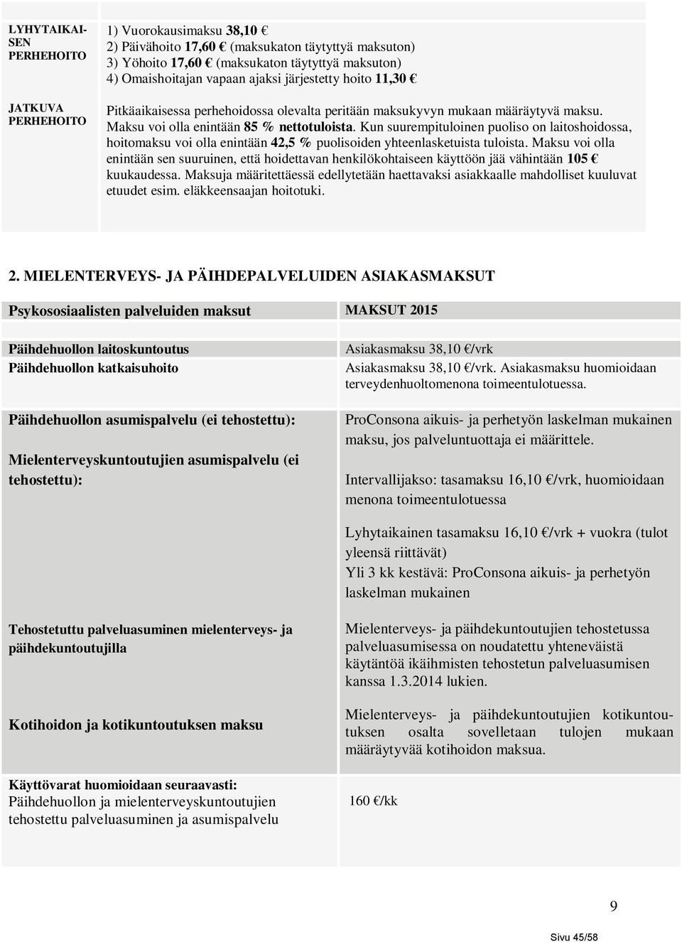 Kun suurempituloinen puoliso on laitoshoidossa, hoitomaksu voi olla enintään 42,5 % puolisoiden yhteenlasketuista tuloista.