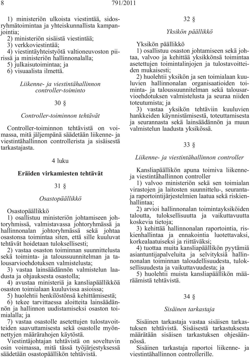 Liikenne- viestintähallinnon controller-toiminto 30 Controller-toiminnon tehtävät Controller-toiminnon tehtävistä on voimassa, mitä jäljempänä säädetään liikenne- viestintähallinnon controllerista