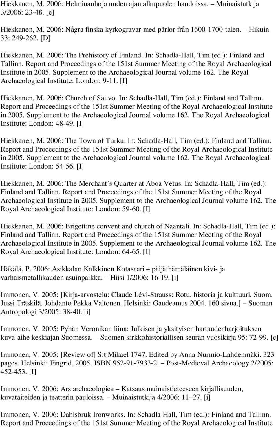 Supplement to the Archaeological Journal volume 162. The Royal Archaeological Institute: London: 9-11. [I] Hiekkanen, M. 2006: Church of Sauvo. In: Schadla-Hall, Tim (ed.): Finland and Tallinn.