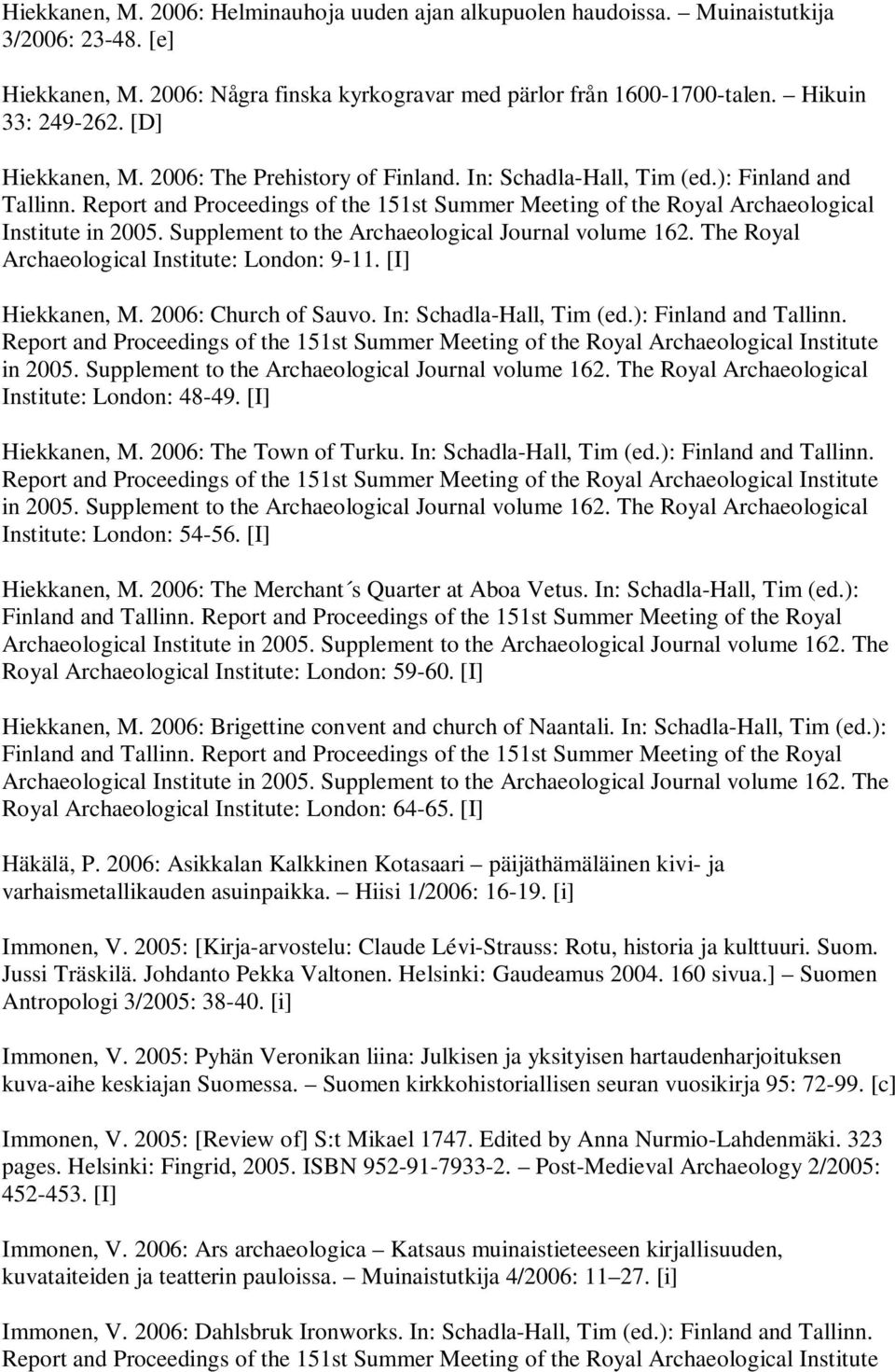 Supplement to the Archaeological Journal volume 162. The Royal Archaeological Institute: London: 9-11. [I] Hiekkanen, M. 2006: Church of Sauvo. In: Schadla-Hall, Tim (ed.): Finland and Tallinn.