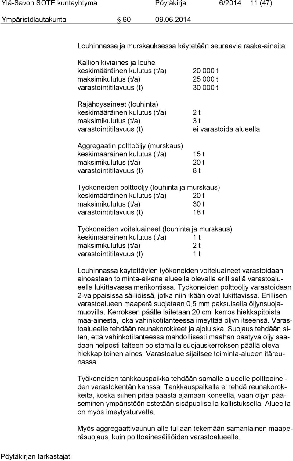 maksimikulutus (t/a) varastointitilavuus (t) 20 000 t 25 000 t 30 000 t 2 t 3 t ei varastoida alueella 15 t 20 t 8 t Työkoneiden polttoöljy (louhinta ja murskaus) keskimääräinen kulutus (t/a) 20 t