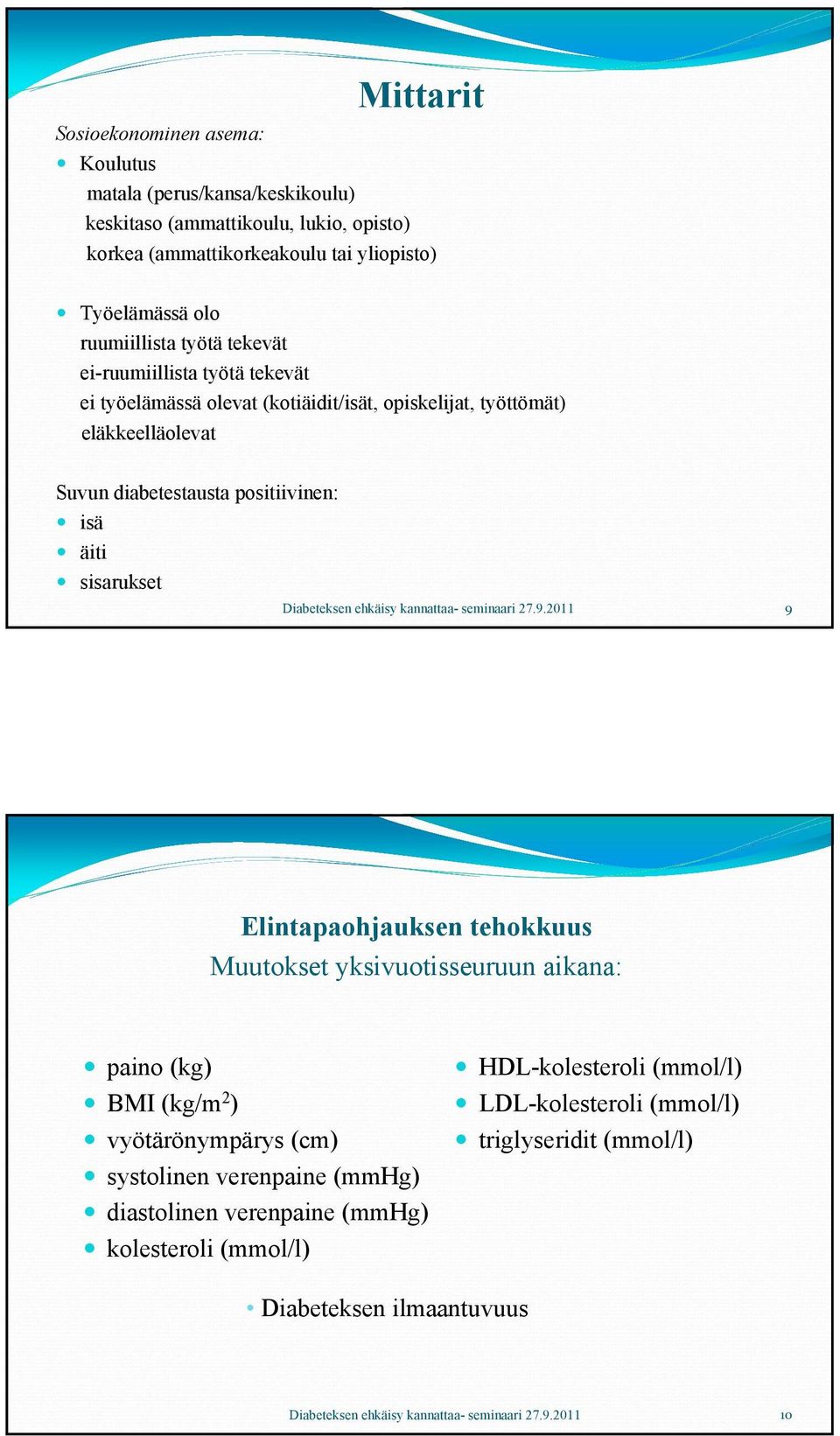 diabetestausta positiivinen: isä äiti sisarukset 9 Elintapaohjauksen tehokkuus Muutokset yksivuotisseuruun aikana: paino (kg) BMI (kg/m 2 ) vyötärönympärys (cm)