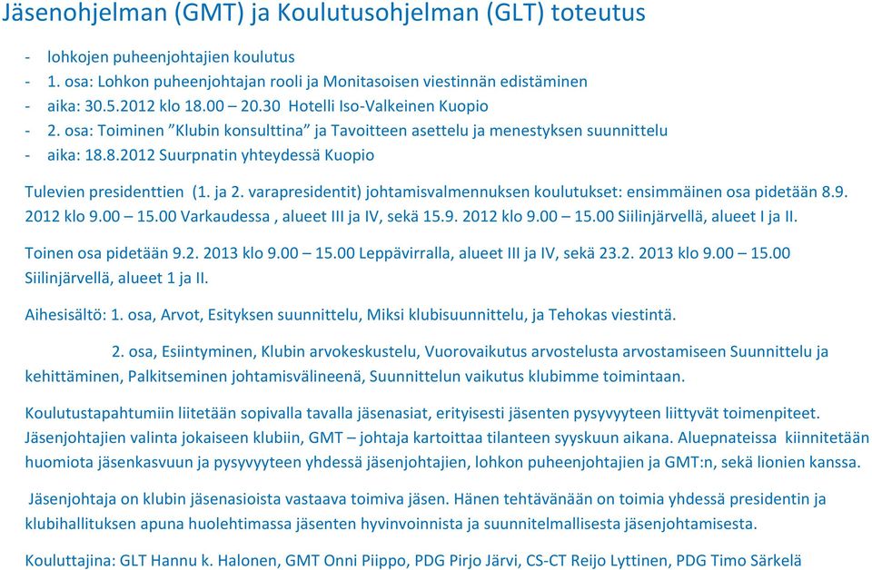 varapresidentit) johtamisvalmennuksen koulutukset: ensimmäinen osa pidetään 8.9. 2012 klo 9.00 15.00 Varkaudessa, alueet III ja IV, sekä 15.9. 2012 klo 9.00 15.00 Siilinjärvellä, alueet I ja II.