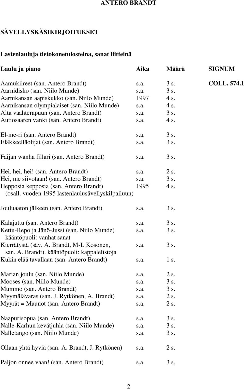 Antero Brandt) s.a. 4 s. El-me-ri (san. Antero Brandt) s.a. 3 s. Eläkkeelläolijat (san. Antero Brandt) s.a. 3 s. Faijan wanha fillari (san. Antero Brandt) s.a. 3 s. Hei, hei, hei! (san. Antero Brandt) s.a. 2 s.