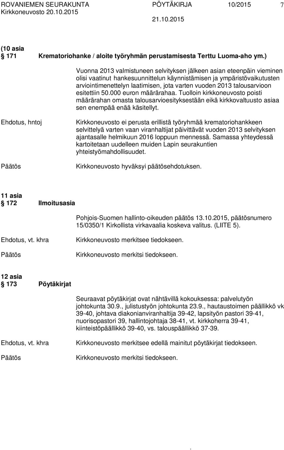 poisti määrärahan omasta talousarvioesityksestään eikä kirkkovaltuusto asiaa sen enempää enää käsitellyt Ehdotus, hntoj Kirkkoneuvosto ei perusta erillistä työryhmää krematoriohankkeen selvittelyä