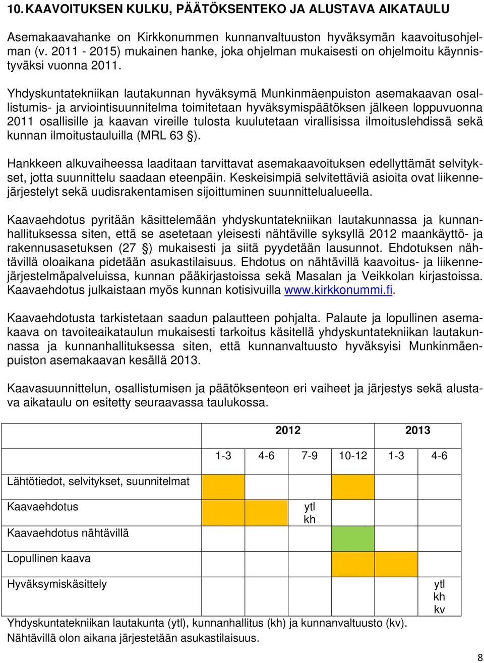 Yhdyskuntatekniikan lautakunnan hyväksymä Munkinmäenpuiston asemakaavan osallistumis- ja arviointisuunnitelma toimitetaan hyväksymispäätöksen jälkeen loppuvuonna 2011 osallisille ja kaavan vireille