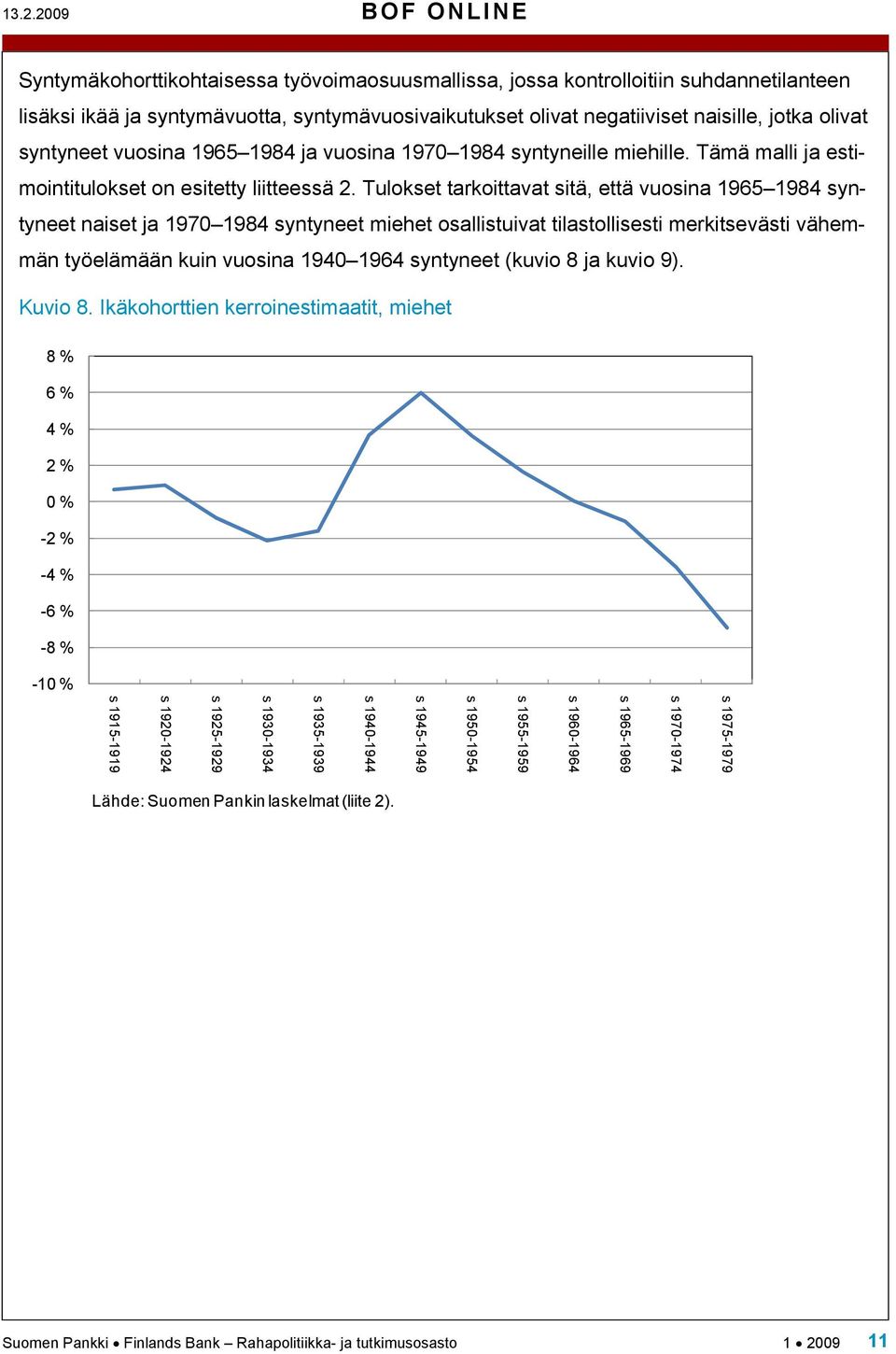 Tulokset tarkoittavat sitä, että vuosina 1965 1984 syntyneet naiset ja 1970 1984 syntyneet miehet osallistuivat tilastollisesti merkitsevästi vähemmän työelämään kuin vuosina 1940 1964 syntyneet