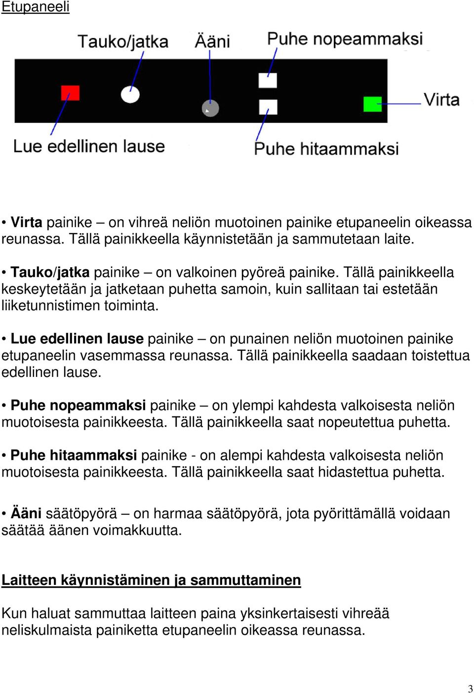 Lue edellinen lause painike on punainen neliön muotoinen painike etupaneelin vasemmassa reunassa. Tällä painikkeella saadaan toistettua edellinen lause.