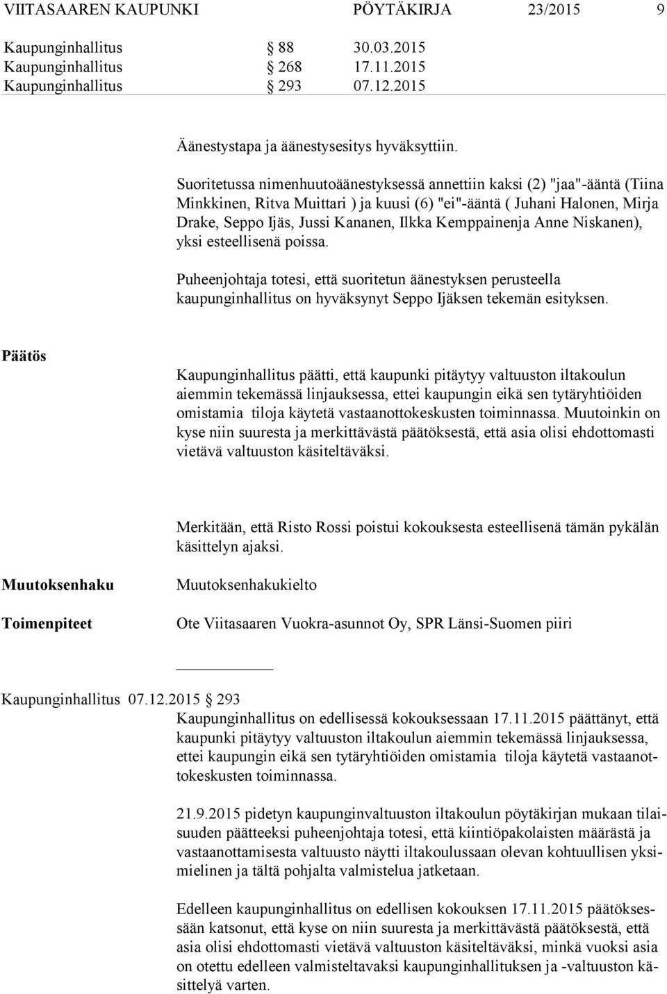 Kemppainenja Anne Niskanen), yksi esteellisenä poissa. Puheenjohtaja totesi, että suoritetun äänestyksen perusteella kaupunginhallitus on hyväksynyt Seppo Ijäksen tekemän esityksen.