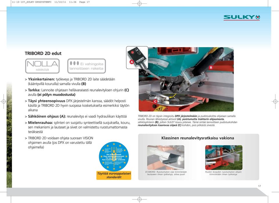 käsillä ja TRIBORD 2D hyvin suojassa kosketukselta esimerkiksi täytön aikana > Sähköinen ohjaus (A): reunalevitys ei vaadi hydrauliikan käyttöä > Mielenrauhaa: sylinteri on suojattu synteettisellä