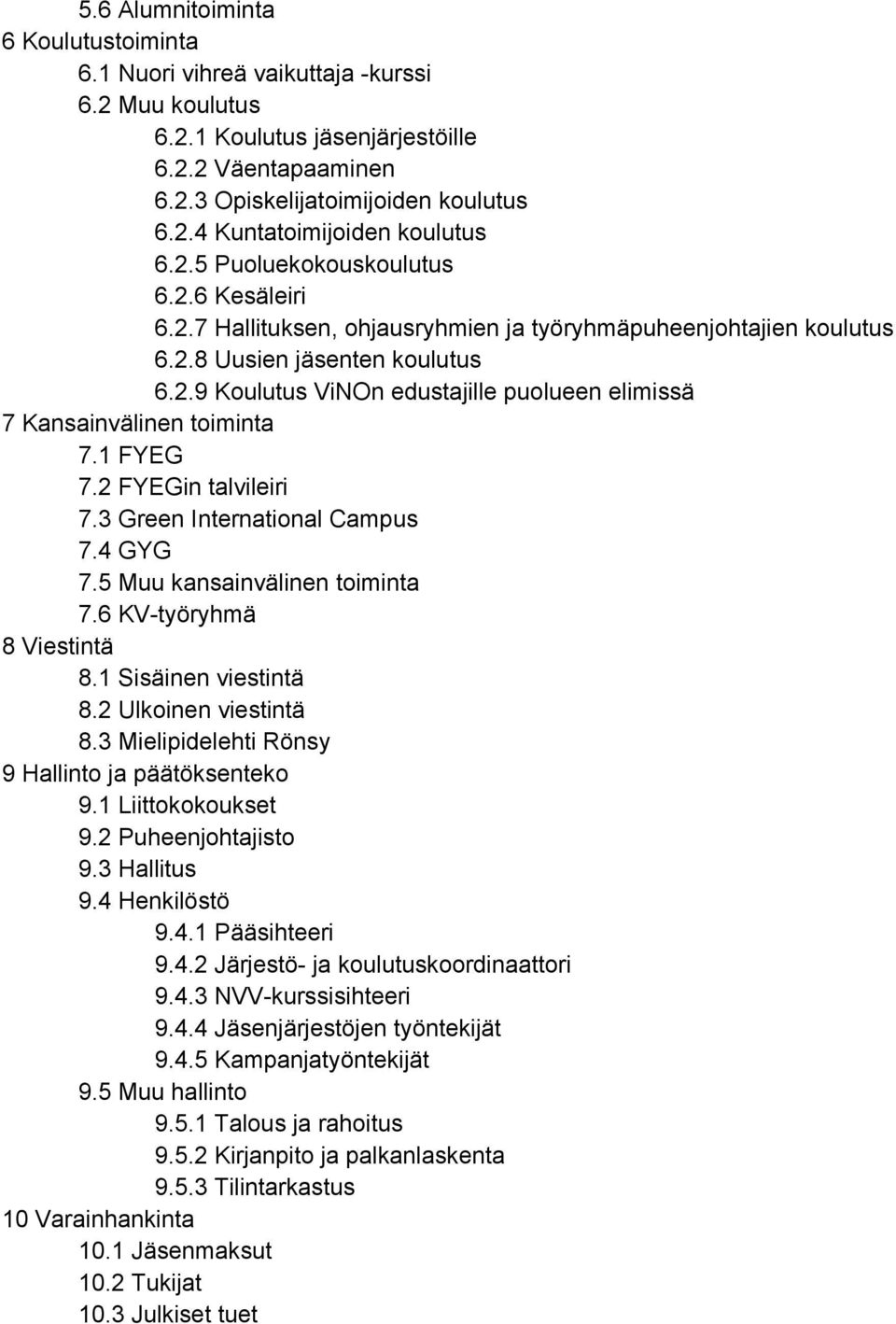 1 FYEG 7.2 FYEGin talvileiri 7.3 Green International Campus 7.4 GYG 7.5 Muu kansainvälinen toiminta 7.6 KV työryhmä 8 Viestintä 8.1 Sisäinen viestintä 8.2 Ulkoinen viestintä 8.