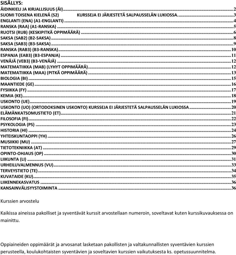 .. 12 MATEMATIIKKA (MAB) (LYHYT OPPIMÄÄRÄ)... 12 MATEMATIIKKA (MAA) (PITKÄ OPPIMÄÄRÄ)... 13 BIOLOGIA (BI)... 15 MAANTIEDE (GE)... 16 FYSIIKKA (FY)... 17 KEMIA (KE)... 18 USKONTO (UE).