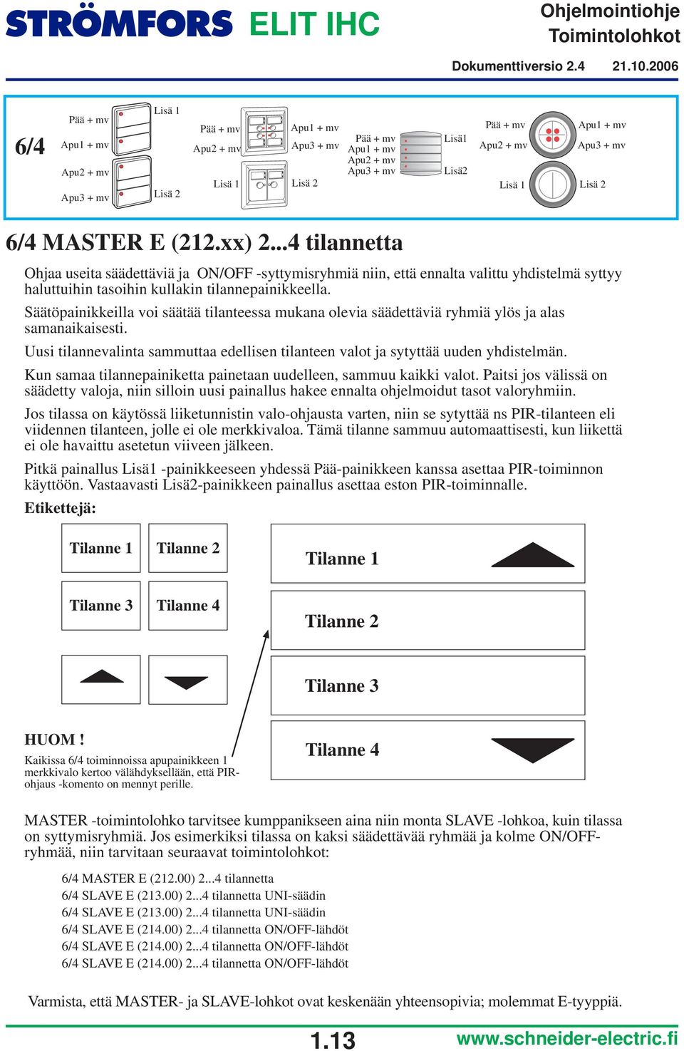 Säätöpainikkeilla voi säätää tilanteessa mukana olevia säädettäviä ryhmiä ylös ja alas samanaikaisesti. Uusi tilannevalinta sammuttaa edellisen tilanteen valot ja sytyttää uuden yhdistelmän.