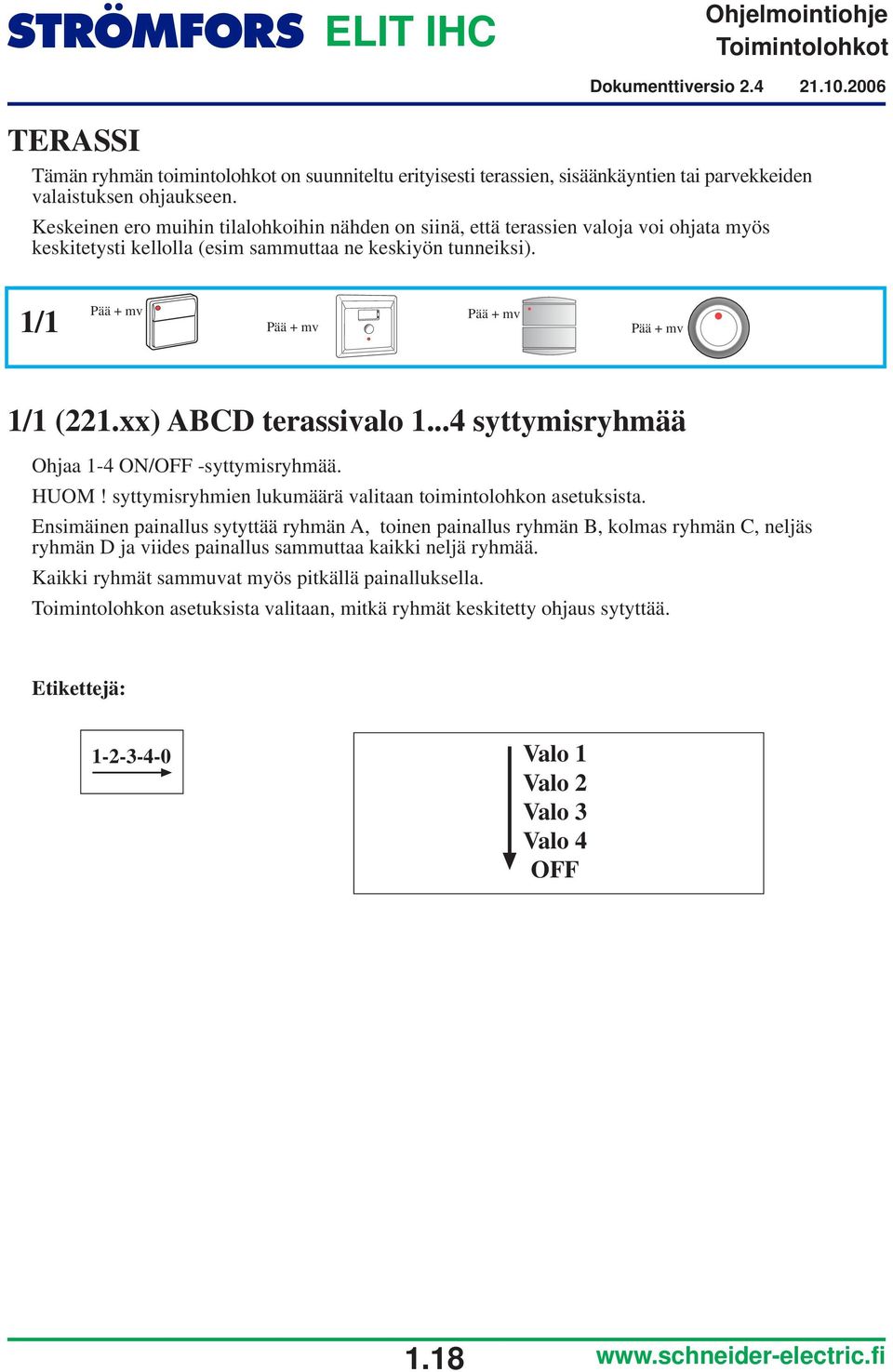 ..4 syttymisryhmää Ohjaa 1-4 ON/OFF -syttymisryhmää. HUOM! syttymisryhmien lukumäärä valitaan toimintolohkon asetuksista.