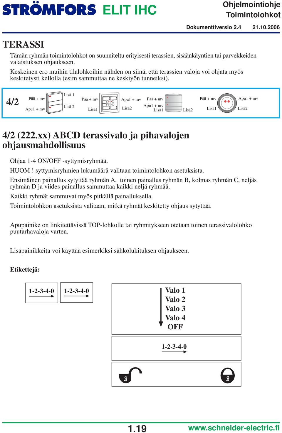 xx) ABCD terassivalo ja pihavalojen ohjausmahdollisuus Ohjaa 1-4 ON/OFF -syttymisryhmää. HUOM! syttymisryhmien lukumäärä valitaan toimintolohkon asetuksista.