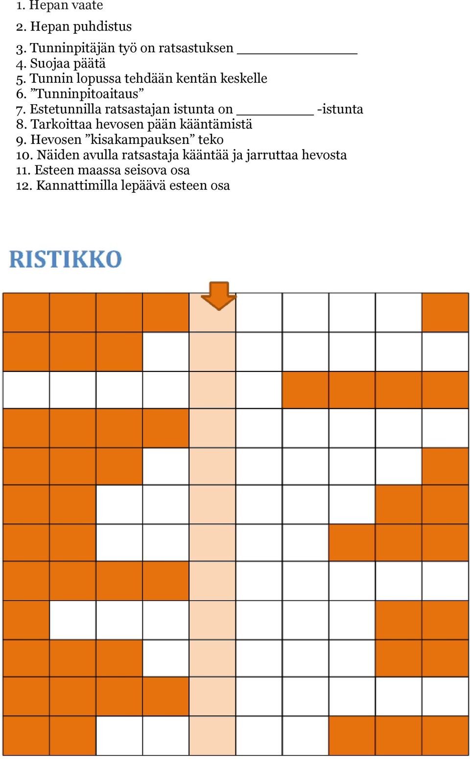 Estetunnilla ratsastajan istunta on -istunta 8. Tarkoittaa hevosen pään kääntämistä 9.