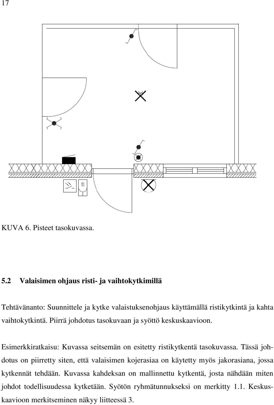 Piirrä johdotus tasokuvaan ja syöttö keskuskaavioon. Esimerkkiratkaisu: Kuvassa seitsemän on esitetty ristikytkentä tasokuvassa.