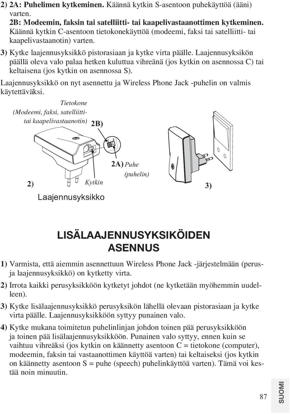 Laajennusyksikön päällä oleva valo palaa hetken kuluttua vihreänä (jos kytkin on asennossa C) tai keltaisena (jos kytkin on asennossa S).