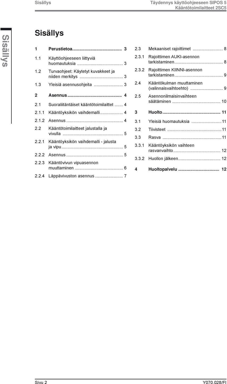 .. 5 2.2.2... 5 2.2.3 Kääntövivun vipuasennon muuttaminen... 6 2.2.4 Läppävivuston asennus... 7 2.3 Mekaaniset rajoittimet... 8 2.3.1 Rajoittimen AUKI-asennon tarkistaminen... 8 2.3.2 Rajoittimen KIINNI-asennon tarkistaminen.