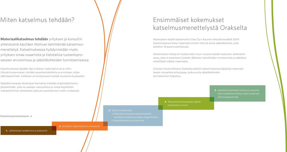 Katselmuksessa käydään läpi yrityksen materiaalivirrat ja niihin liittyvät kustannukset, etsitään parantamiskohteita ja arvioidaan niiden säästöpotentiaali.