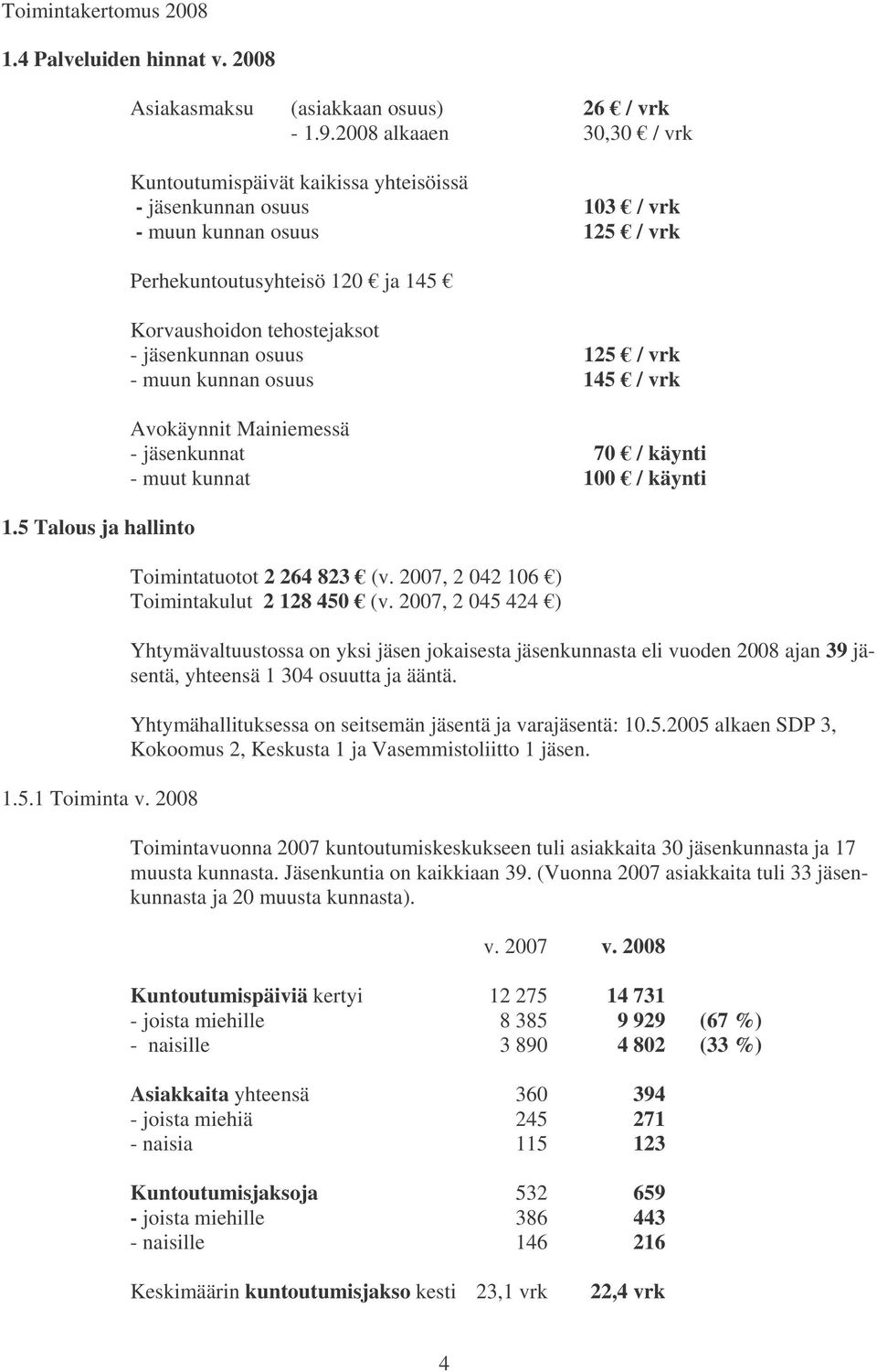 osuus 125 / vrk - muun kunnan osuus 145 / vrk Avokäynnit Mainiemessä - jäsenkunnat 70 / käynti - muut kunnat 100 / käynti Toimintatuotot 2 264 823 (v. 2007, 2 042 106 ) Toimintakulut 2 128 450 (v.