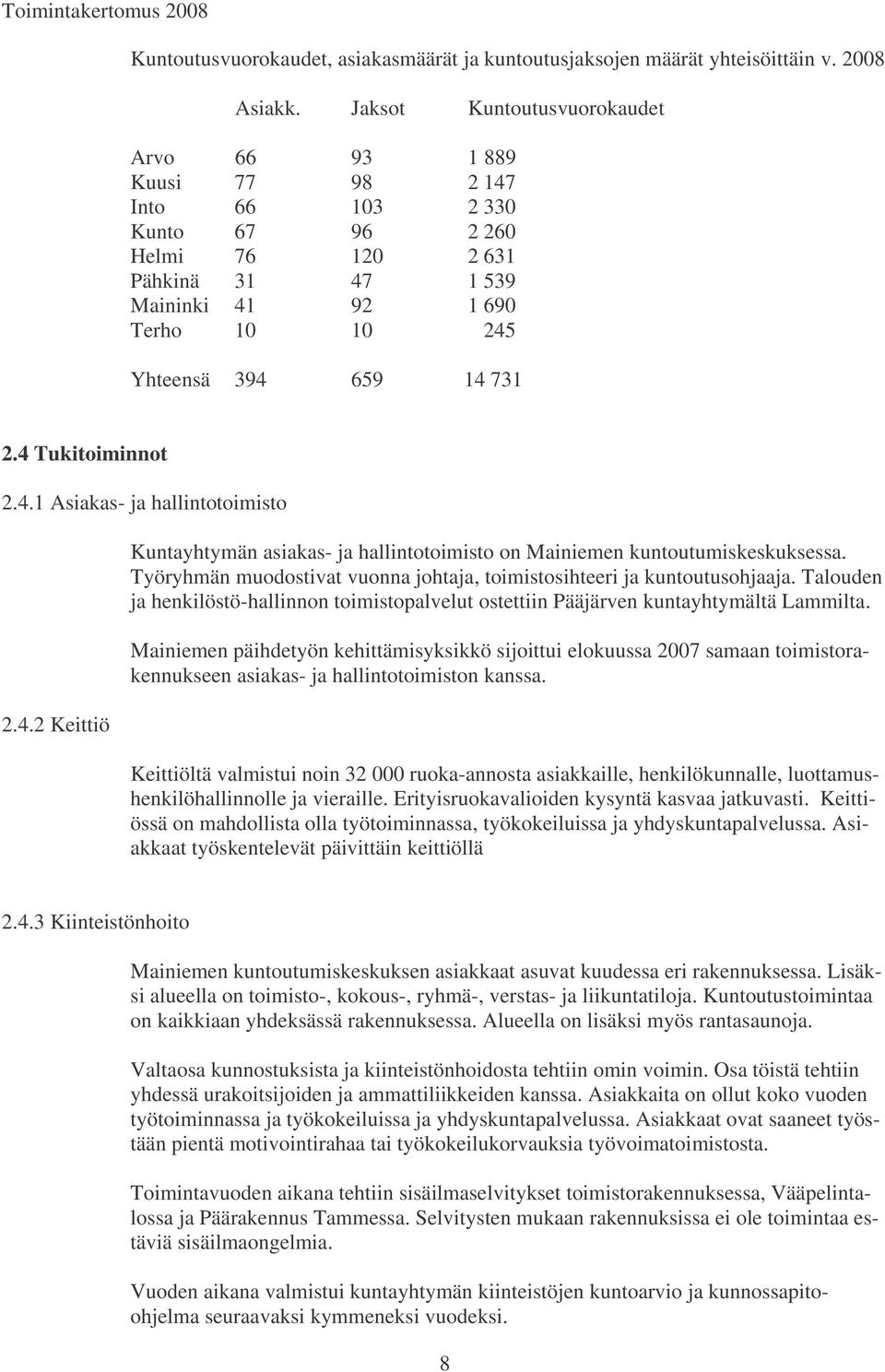 2.4 Tukitoiminnot 2.4.1 Asiakas- ja hallintotoimisto 2.4.2 Keittiö Kuntayhtymän asiakas- ja hallintotoimisto on Mainiemen kuntoutumiskeskuksessa.