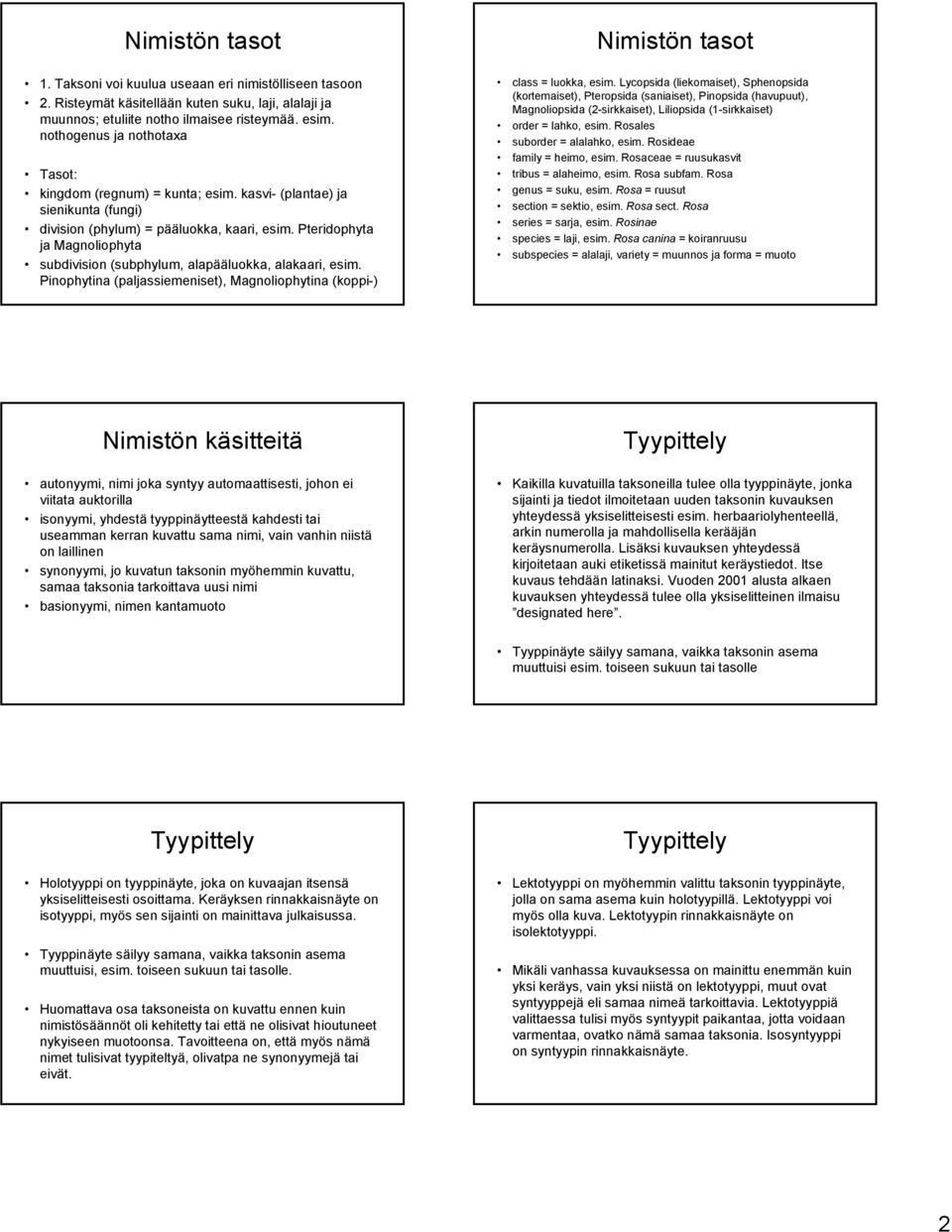 Pteridophyta ja Magnoliophyta subdivision (subphylum, alapääluokka, alakaari, esim. Pinophytina (paljassiemeniset), Magnoliophytina (koppi-) Nimistön tasot class = luokka, esim.
