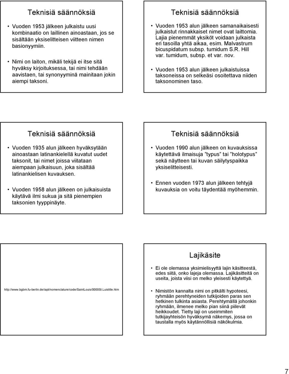 Vuoden 1953 alun jälkeen samanaikaisesti julkaistut rinnakkaiset nimet ovat laittomia. Lajia pienemmät yksiköt voidaan julkaista eri tasoilla yhtä aikaa, esim. Malvastrum bicuspidatum subsp.