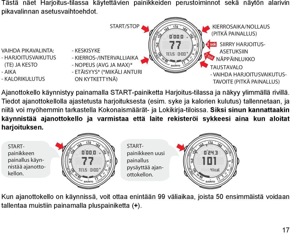 KIERROSAIKA/NOLLAUS (PITKÄ PAINALLUS) Ajanottokello käynnistyy painamalla START-painiketta Harjoitus-tilassa ja näkyy ylimmällä rivillä. Tiedot ajanottokellolla ajastetusta harjoituksesta (esim.