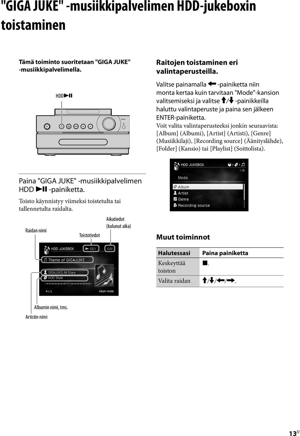 Voit valita valintaperusteeksi jonkin seuraavista: [Album] (Albumi), [Artist] (Artisti), [Genre] (Musiikkilaji), [Recording source] (Äänityslähde), [Folder] (Kansio) tai [Playlist] (Soittolista).