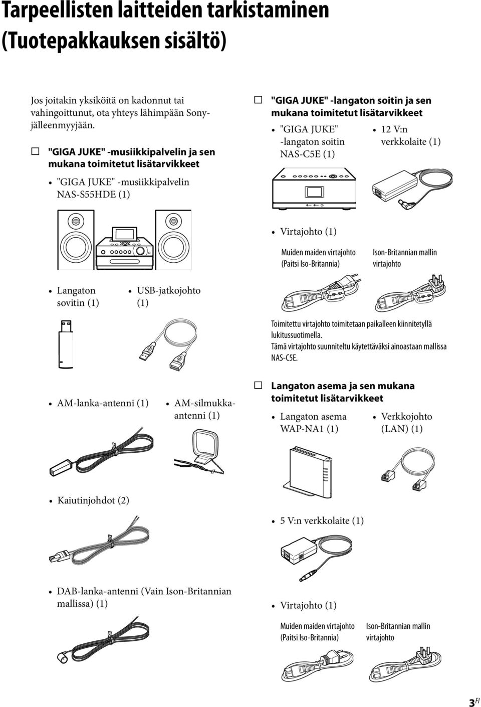 V:n -langaton soitin verkkolaite (1) NAS-C5E (1) Virtajohto (1) Muiden maiden virtajohto (Paitsi Iso-Britannia) Ison-Britannian mallin virtajohto Langaton sovitin (1) USB-jatkojohto (1) Toimitettu