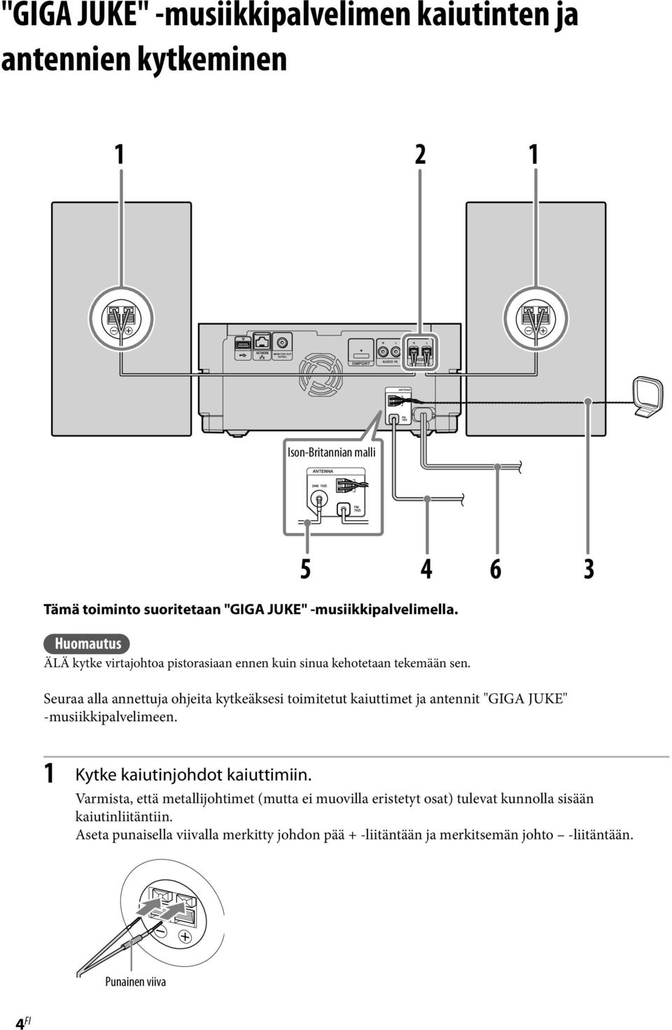 Seuraa alla annettuja ohjeita kytkeäksesi toimitetut kaiuttimet ja antennit "GIGA JUKE" -musiikkipalvelimeen. 1 Kytke kaiutinjohdot kaiuttimiin.