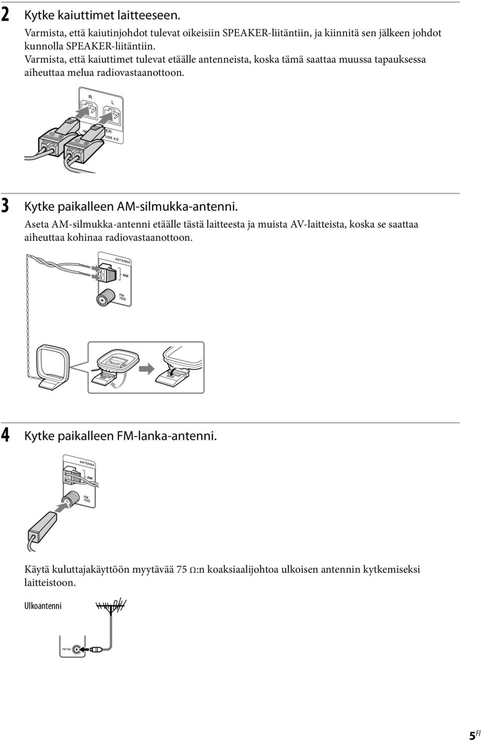 Varmista, että kaiuttimet tulevat etäälle antenneista, koska tämä saattaa muussa tapauksessa aiheuttaa melua radiovastaanottoon.