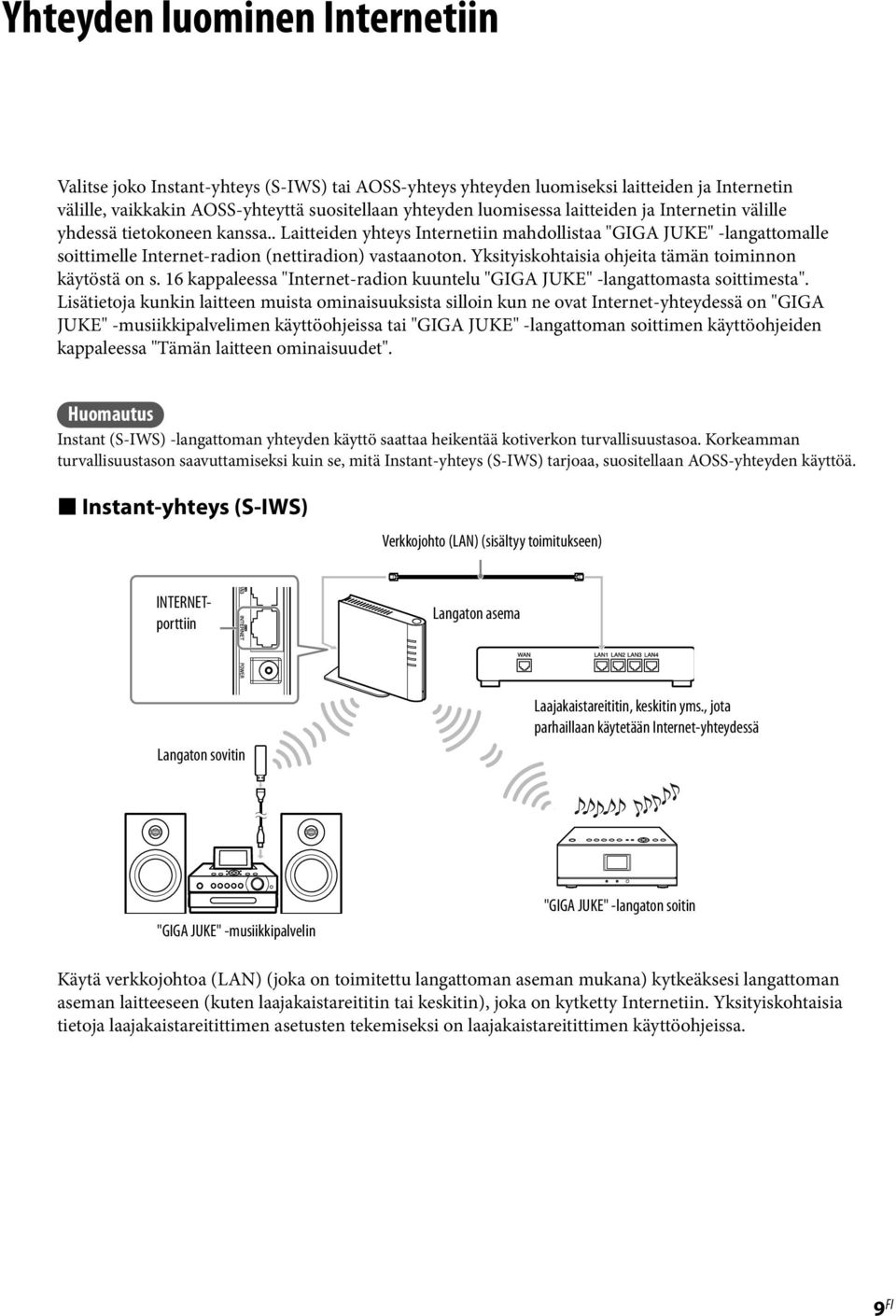 Yksityiskohtaisia ohjeita tämän toiminnon käytöstä on s. 16 kappaleessa "Internet-radion kuuntelu "GIGA JUKE" -langattomasta soittimesta".